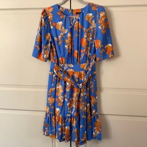 Cynthia Steffe floral dress. Unworn. Attached self-tie. Feminine ruffle hem.